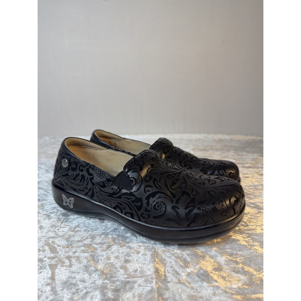 Alegria KEL-431 Black Floral Tooled Leather‎ Comfort Slip On Shoes EU 38